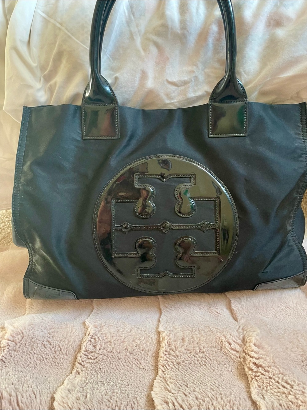 Tory Burch Black Patent Logo Tote